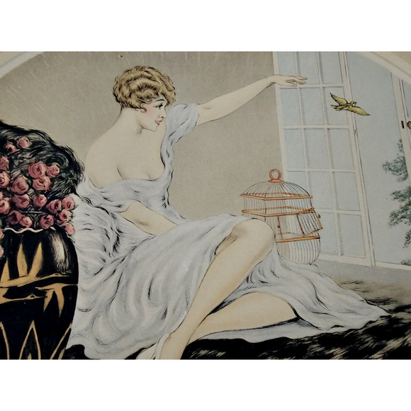 F. G. Henri Art Deco Women Waving Goodbye Bird Flying Out The Window Print - Picture 4 of 4